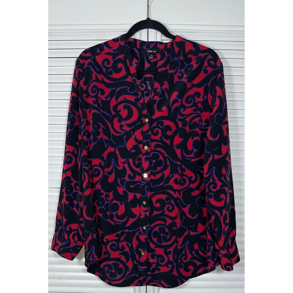 Style & Co Red Black Floral Button Up Long Sleeve Career Top Size XL‎ *FLAWS*